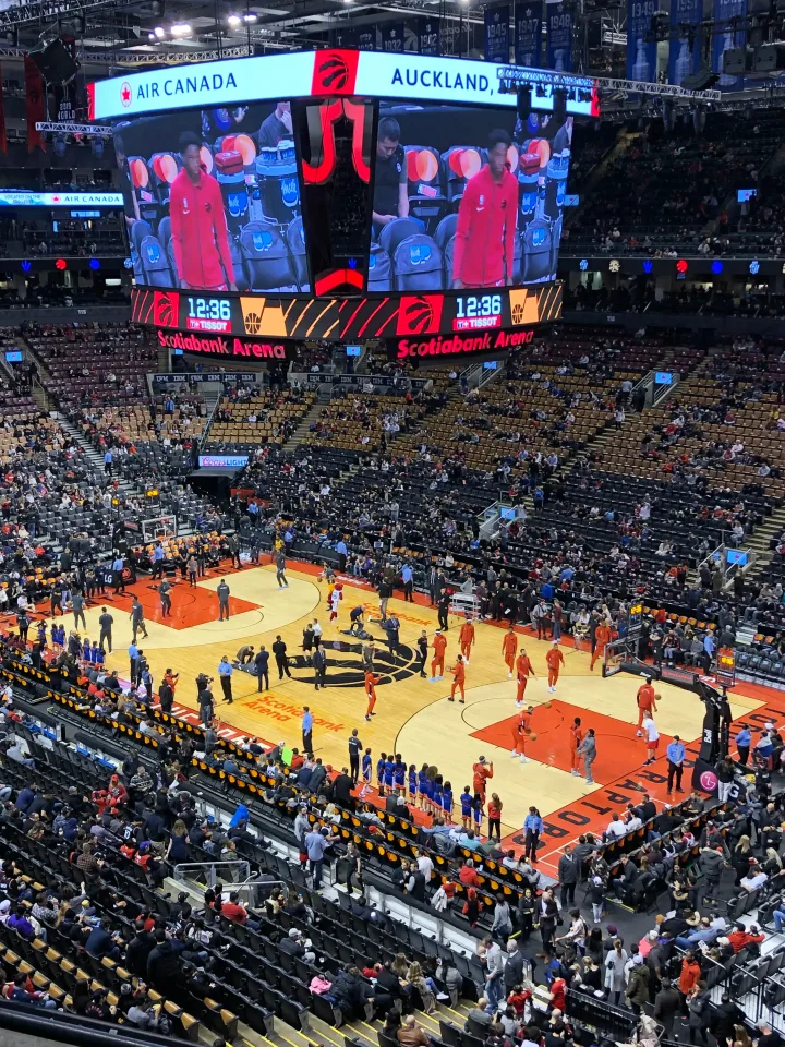 The Toronto Raptors court and scoreboard at Scotiabank Arena, photographed from the stands